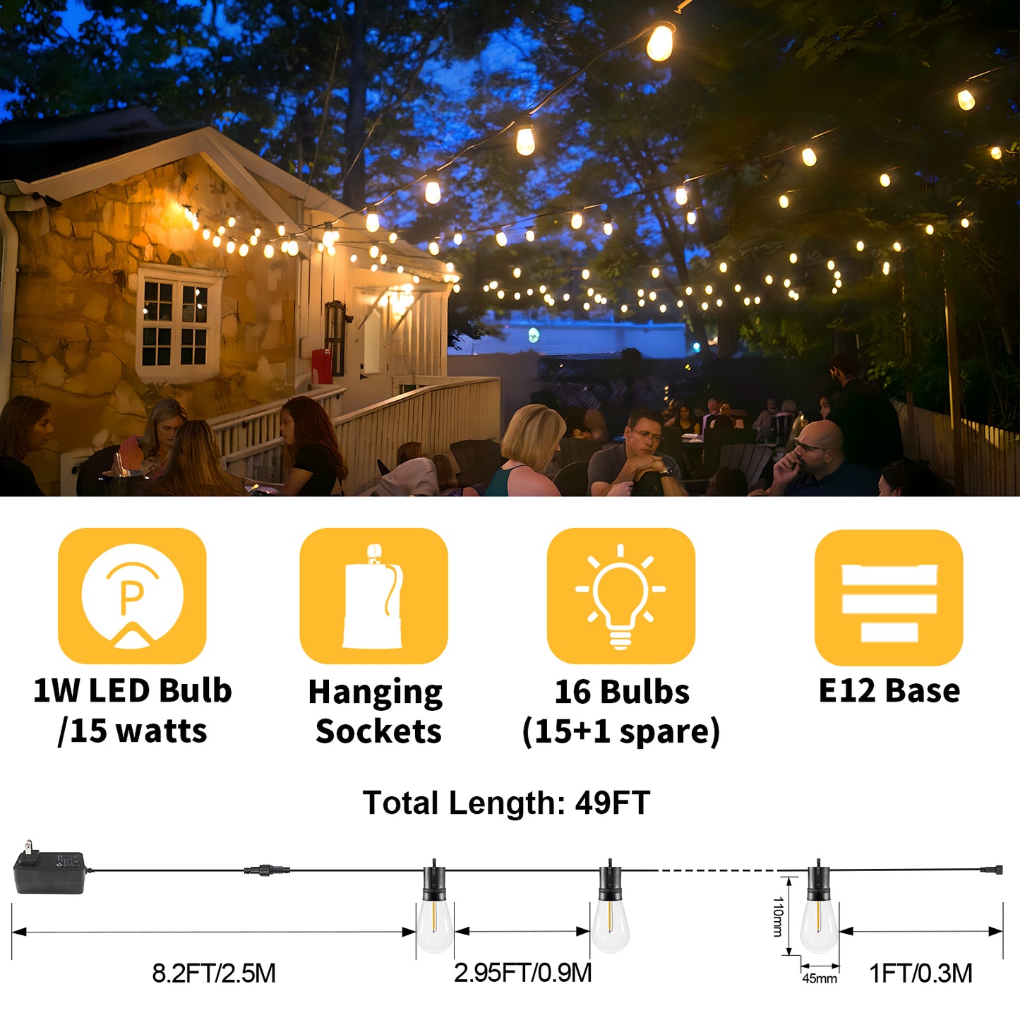 Spacelumen 15M LED Outdoor String Lights Patio Dimmable Hanging Light with Remote, Waterproof Shatterproof Edison Bulbs, 3 Modes Outside Lighting Connectable for Garden Porch Backyard Balcony Deck