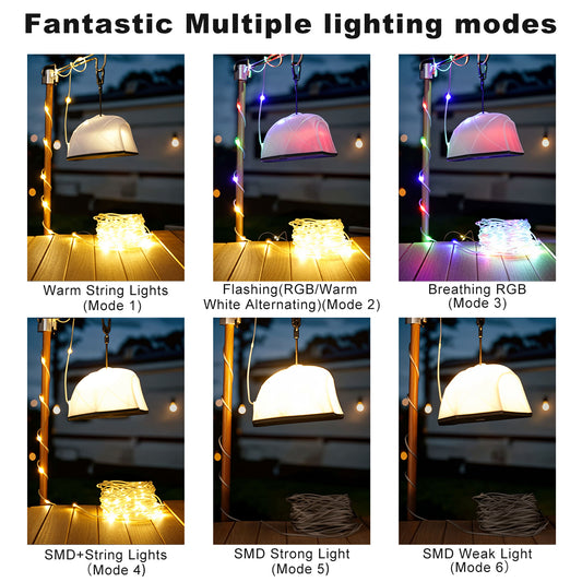 Spacelumen Camping String Lights, 15M Outdoor Stowable Fairy Lights with 9 Lighting Modes, USB Camping Lights, Rechargeable String Lights for Tent Garden Party Yard Festival Decor