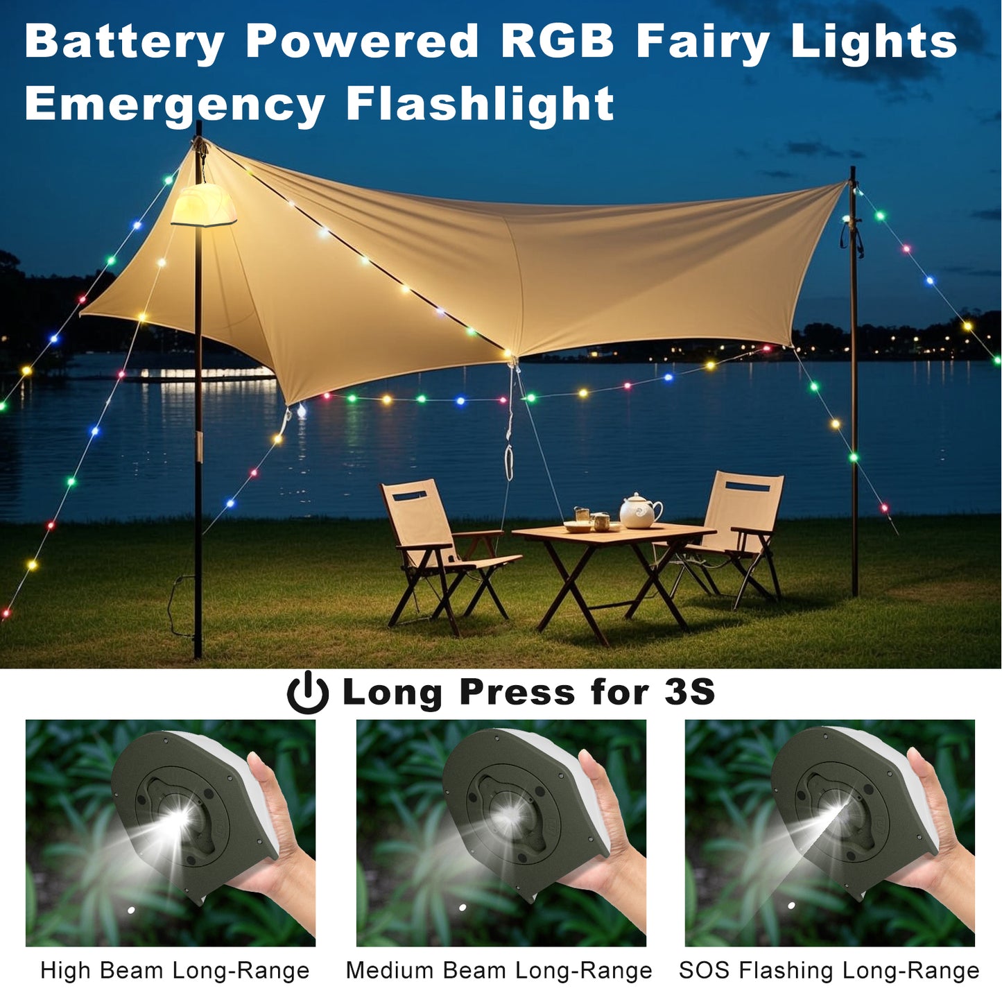 Spacelumen Camping String Lights, 15M Outdoor Stowable Fairy Lights with 9 Lighting Modes, USB Camping Lights, Rechargeable String Lights for Tent Garden Party Yard Festival Decor