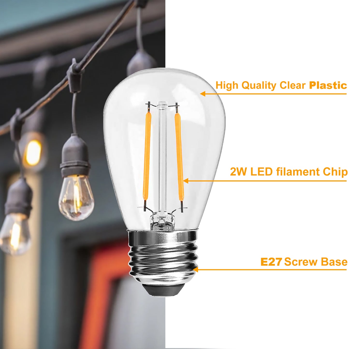 Spacelumen E27 Screw Bulb, S14 Vintage Edison LED Light Bulb, 2W 2700K Warm White Outdoor Light Bulbs Replacement, Pack of 6