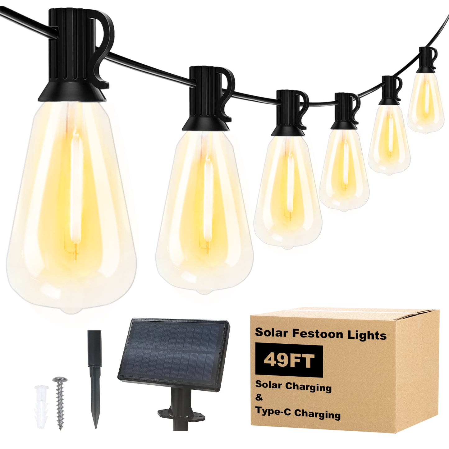Spacelumen 15M Outdoor Festoon Lights Solar Powered, Outside Patio String with 3 Modes & 17+1 ST38 Edison Bulbs Shatterproof, Solar String Lights Outdoor Garden for Outside Garden Backyard