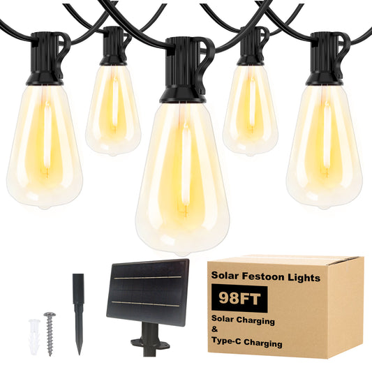 Spacelumen 30M Outdoor Festoon Lights Solar Powered, Outside Patio String with 3 Modes & 37+2 ST38 Edison Bulbs Shatterproof, Solar String Lights Outdoor Garden for Outside Garden Backyard