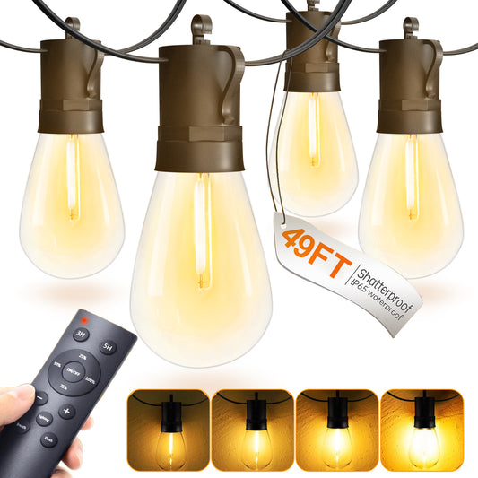 Spacelumen 15M LED Outdoor String Lights Patio Dimmable Hanging Light with Remote, Waterproof Shatterproof Edison Bulbs, 3 Modes Outside Lighting Connectable for Garden Porch Backyard Balcony Deck