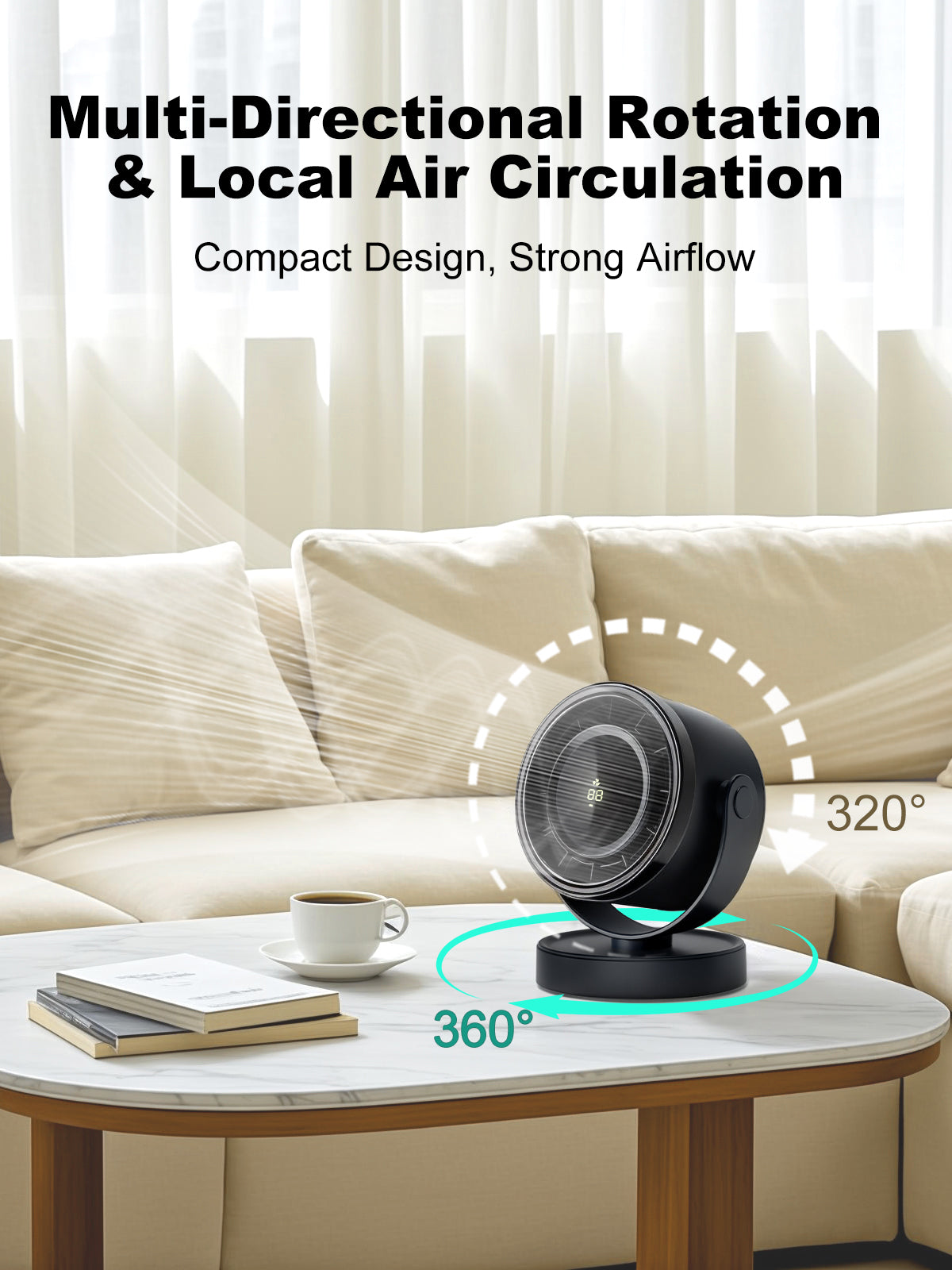 Spacelumen Desk Fan with Battery Operated, Quiet Display Portable Fan for Office, Bedroom, Kitchen, Home, Outdoor, Travel Camping, Dark Blue