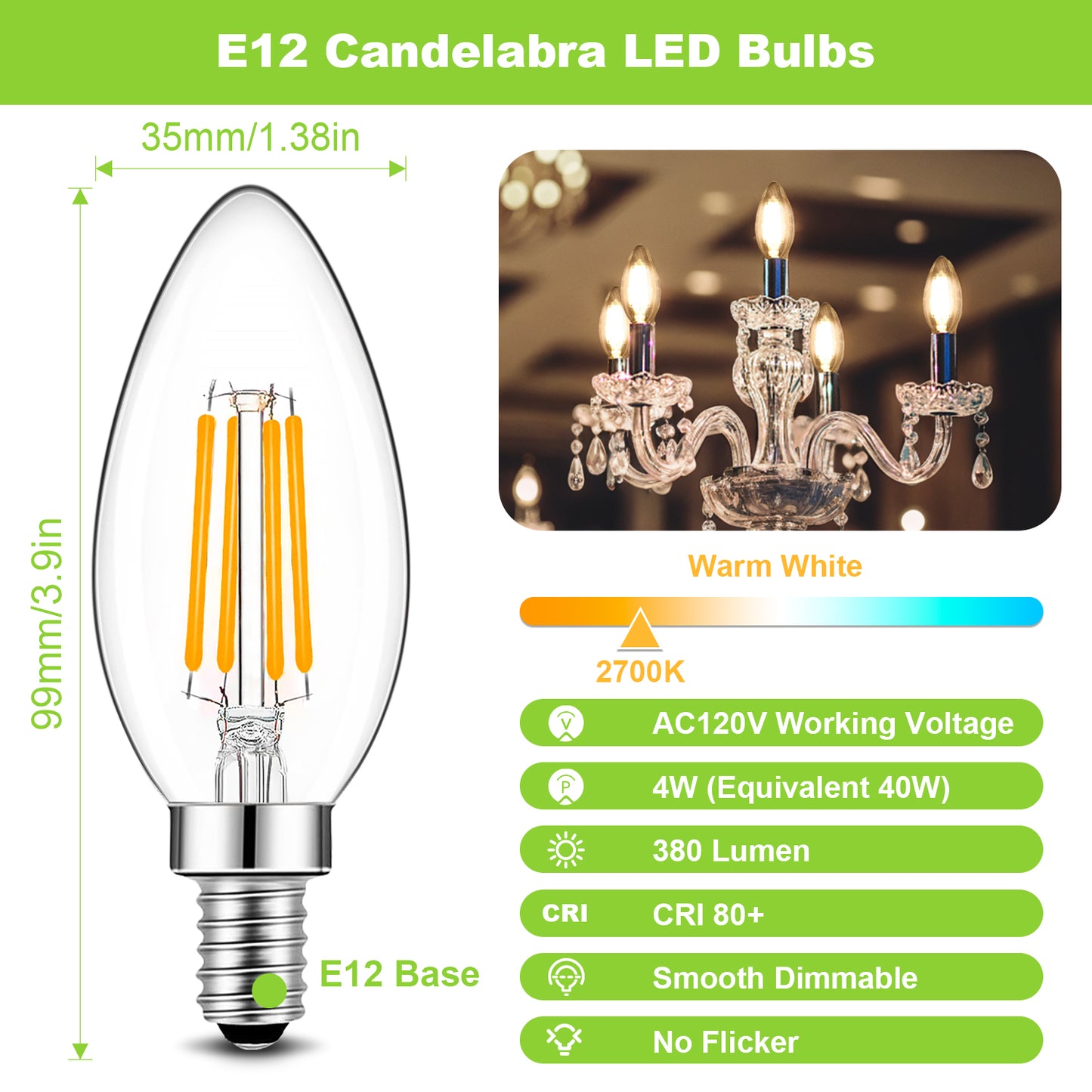 Spacelumen E14 Dimmable Small Edison Screw SES Candle Light Bulbs, 2700K Warm White 4W LED Light Bulb 40W Incandescent Equivalent, Pack of 10