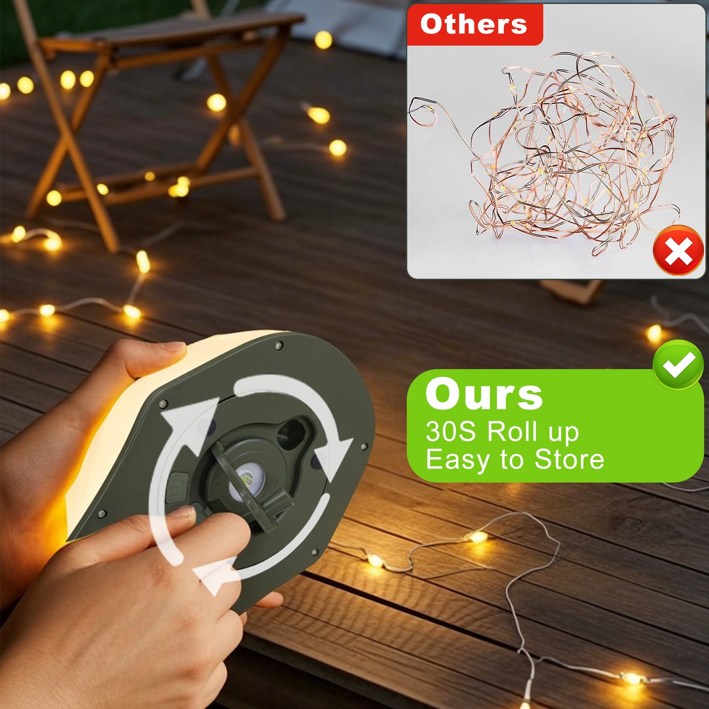 Spacelumen Camping String Lights, 15M Outdoor Stowable Fairy Lights with 9 Lighting Modes, USB Camping Lights, Rechargeable String Lights for Tent Garden Party Yard Festival Decor