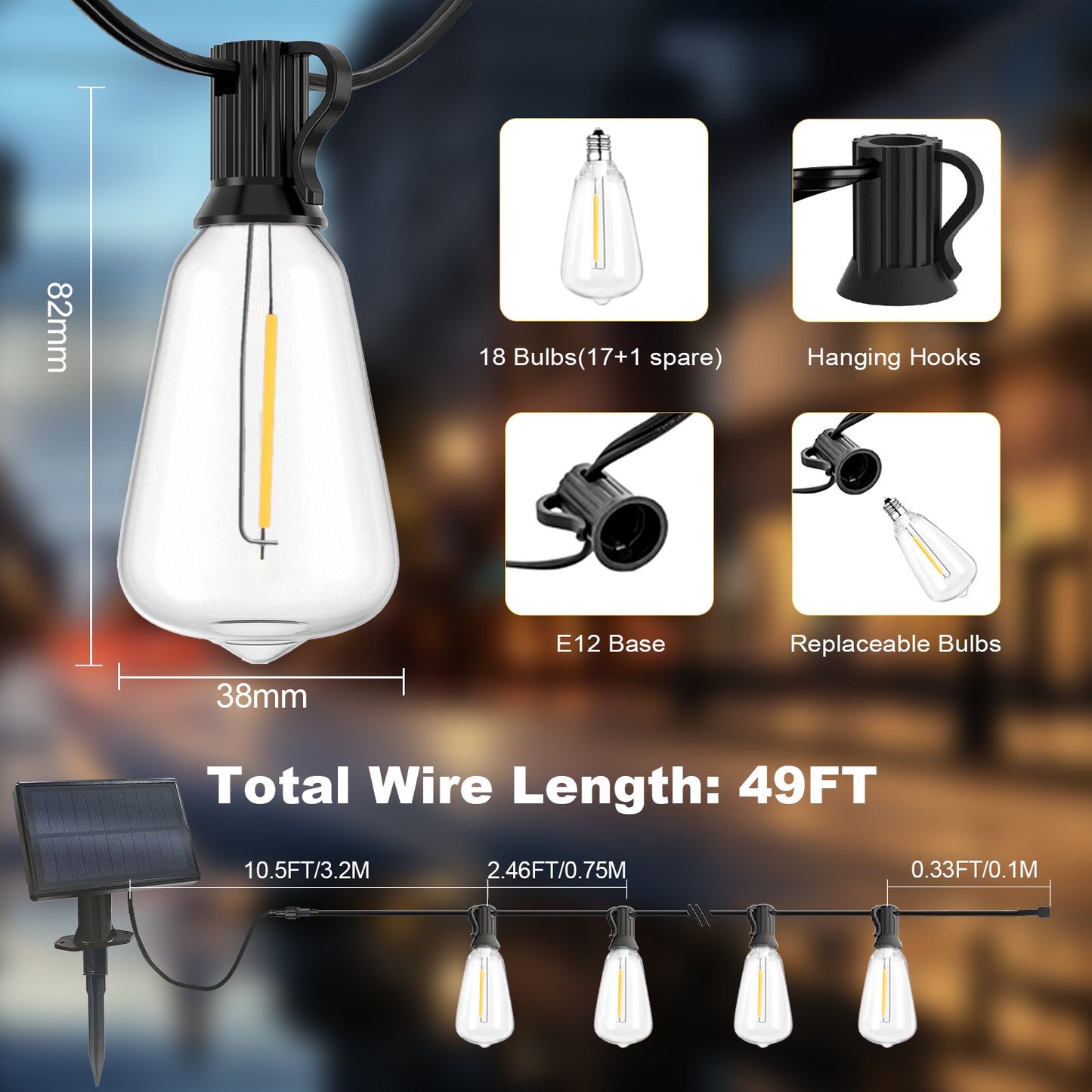 Spacelumen 15M Outdoor Festoon Lights Solar Powered, Outside Patio String with 3 Modes & 17+1 ST38 Edison Bulbs Shatterproof, Solar String Lights Outdoor Garden for Outside Garden Backyard