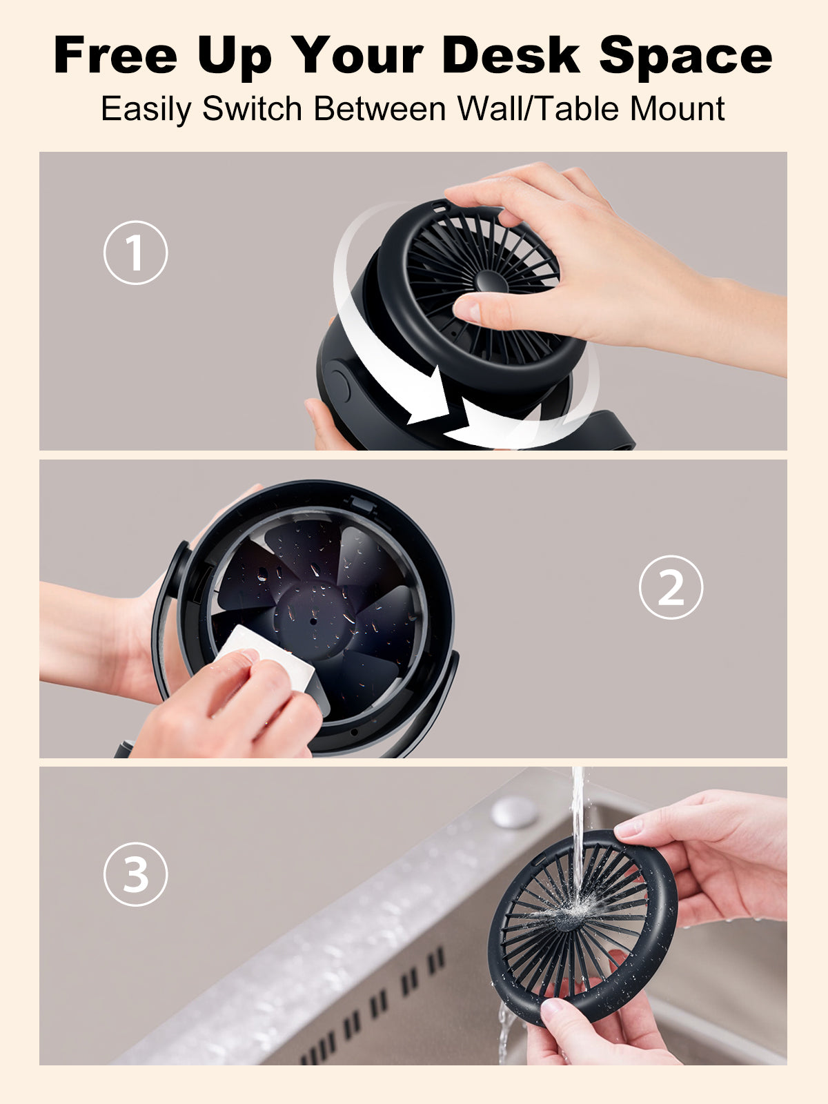 Spacelumen Desk Fan with Battery Operated, Quiet Display Portable Fan for Office, Bedroom, Kitchen, Home, Outdoor, Travel Camping, Dark Blue