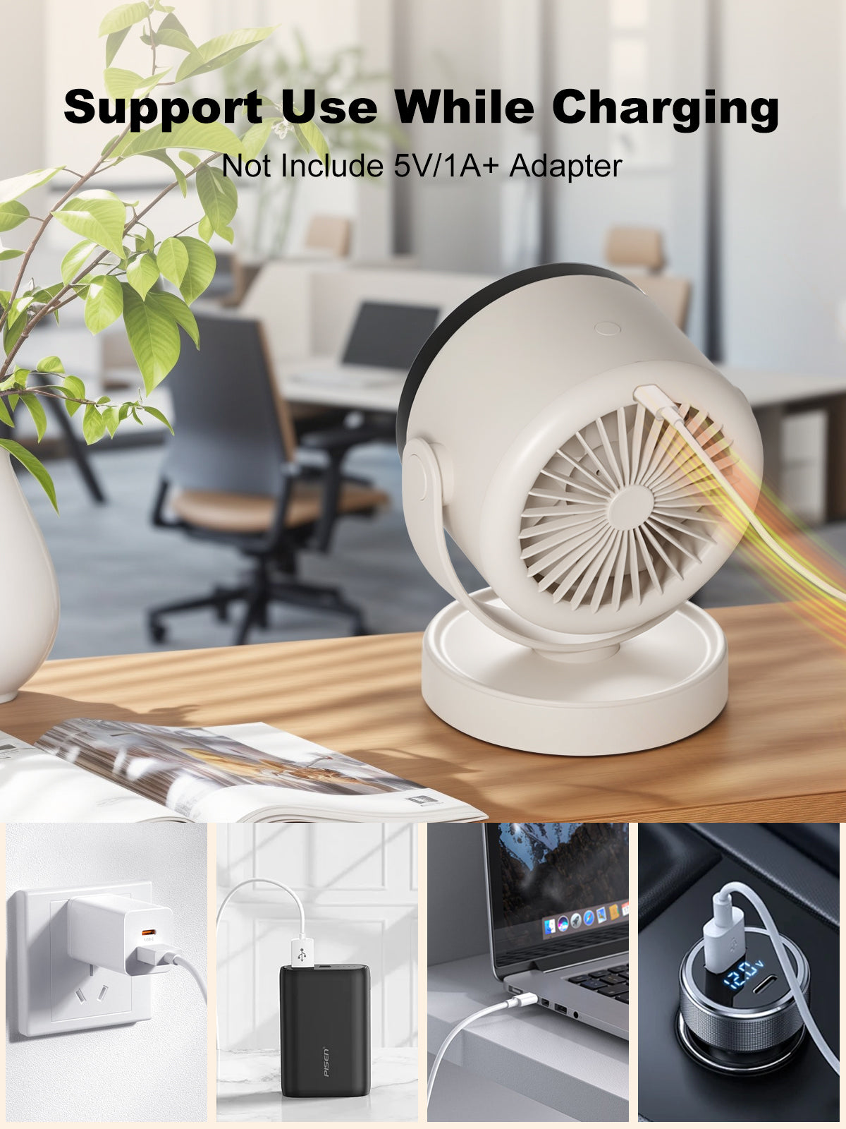 Spacelumen Desk Fan with Battery Operated, Quiet Display Portable Fan for Office, Bedroom, Kitchen, Home, Outdoor, Travel Camping, Dark Blue