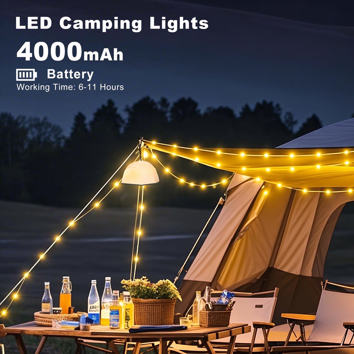 Spacelumen Camping String Lights, 15M Outdoor Stowable Fairy Lights with 9 Lighting Modes, USB Camping Lights, Rechargeable String Lights for Tent Garden Party Yard Festival Decor