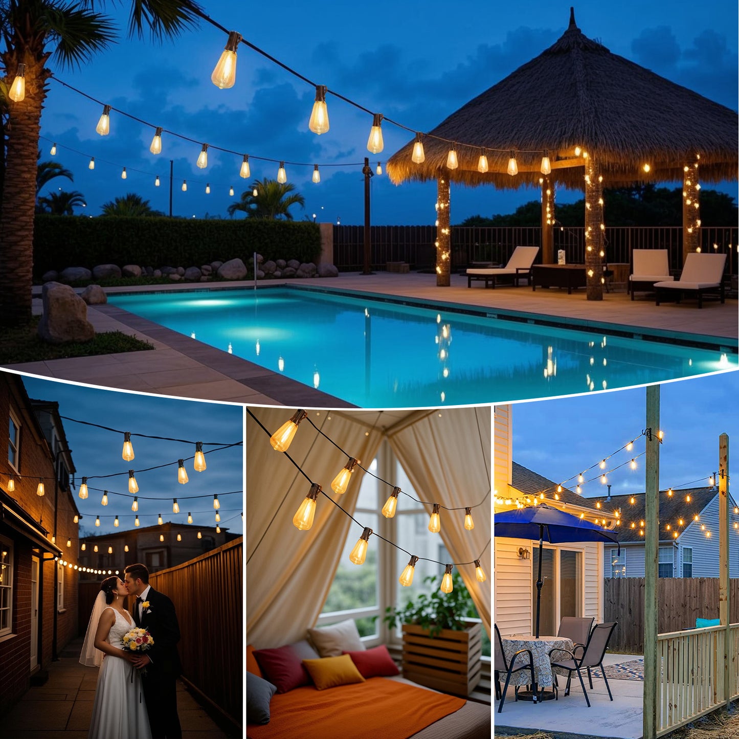 Spacelumen 30M Outdoor Festoon Lights Solar Powered, Outside Patio String with 3 Modes & 37+2 ST38 Edison Bulbs Shatterproof, Solar String Lights Outdoor Garden for Outside Garden Backyard