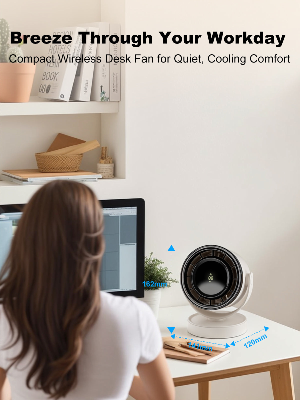 Spacelumen Desk Fan with Battery Operated, Quiet Display Portable Fan for Office, Bedroom, Kitchen, Home, Outdoor, Travel Camping, Cream