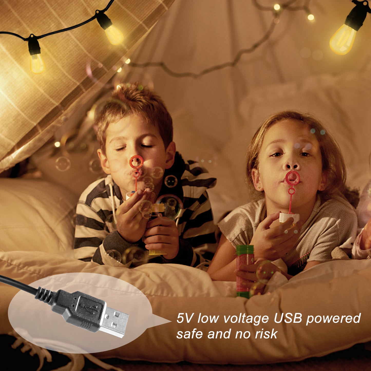 Spacelumen USB Powered String Lights with 10 Shatterproof S14 LED Bulbs, 24.6FT Waterproof Patio String Light for Outdoor Camping Backyard Garden, LED Christmas Tree Lights Decorations