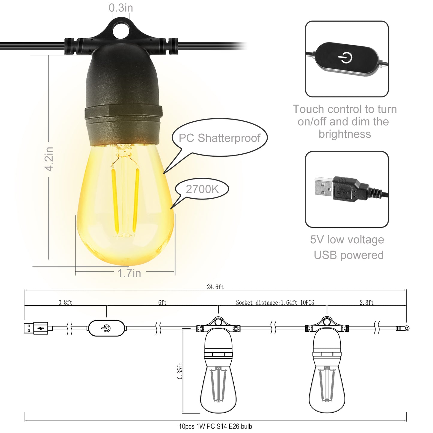 Spacelumen USB Powered String Lights with 10 Shatterproof S14 LED Bulbs, 24.6FT Waterproof Patio String Light for Outdoor Camping Backyard Garden, LED Christmas Tree Lights Decorations
