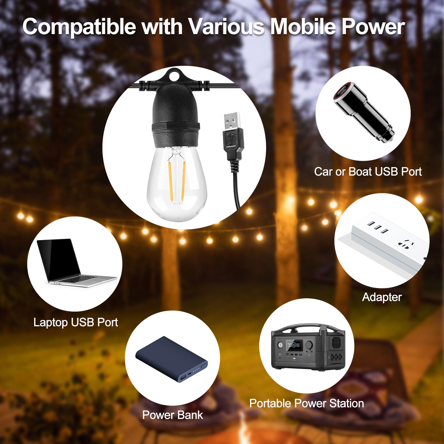 Spacelumen USB Powered String Lights with 10 Shatterproof S14 LED Bulbs, 24.6FT Waterproof Patio String Light for Outdoor Camping Backyard Garden, LED Christmas Tree Lights Decorations