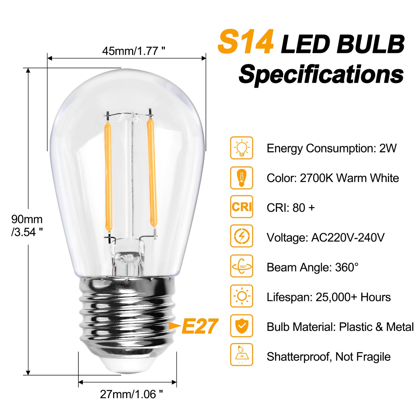 Spacelumen 25 Pack 2W E27 Screw Plastic S14 LED Light Bulb, Shatterproof & Waterproof 2700K Warm White Outdoor String Lights Bulbs [Energy Class F]